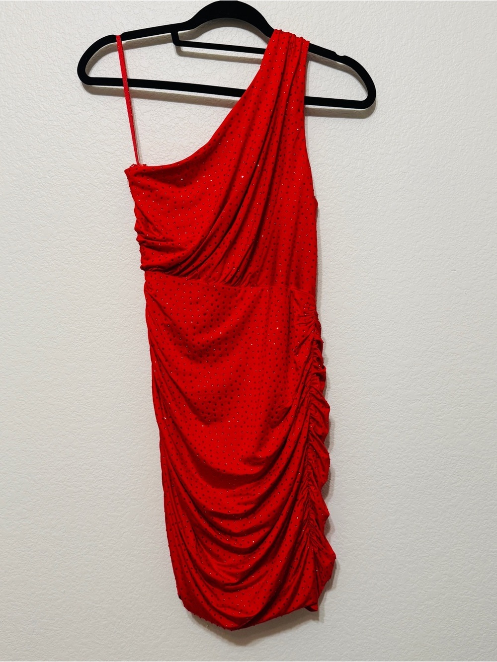 🦋Saylor| Red Rhinestone One Shoulder Ruched Bodycon Party Mini Dress M - Picture 4 of 9